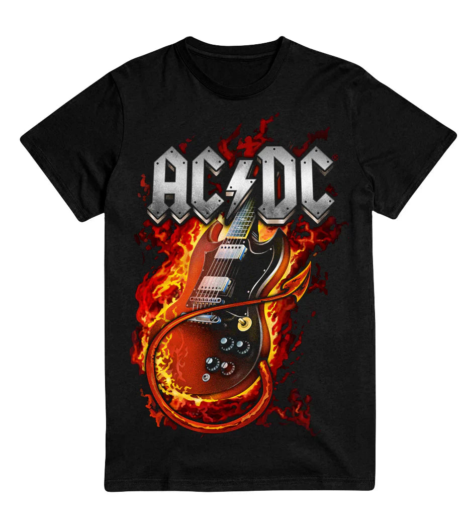 AC/DC | "Fire Flames Guitar" Men's T-Shirt Black - Officially Licensed